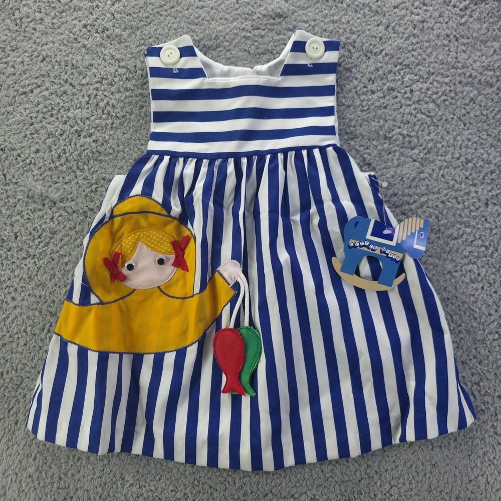 Little Bitty Vintage Girls Blue White Striped Fisherman Applique Dress 4T NWT